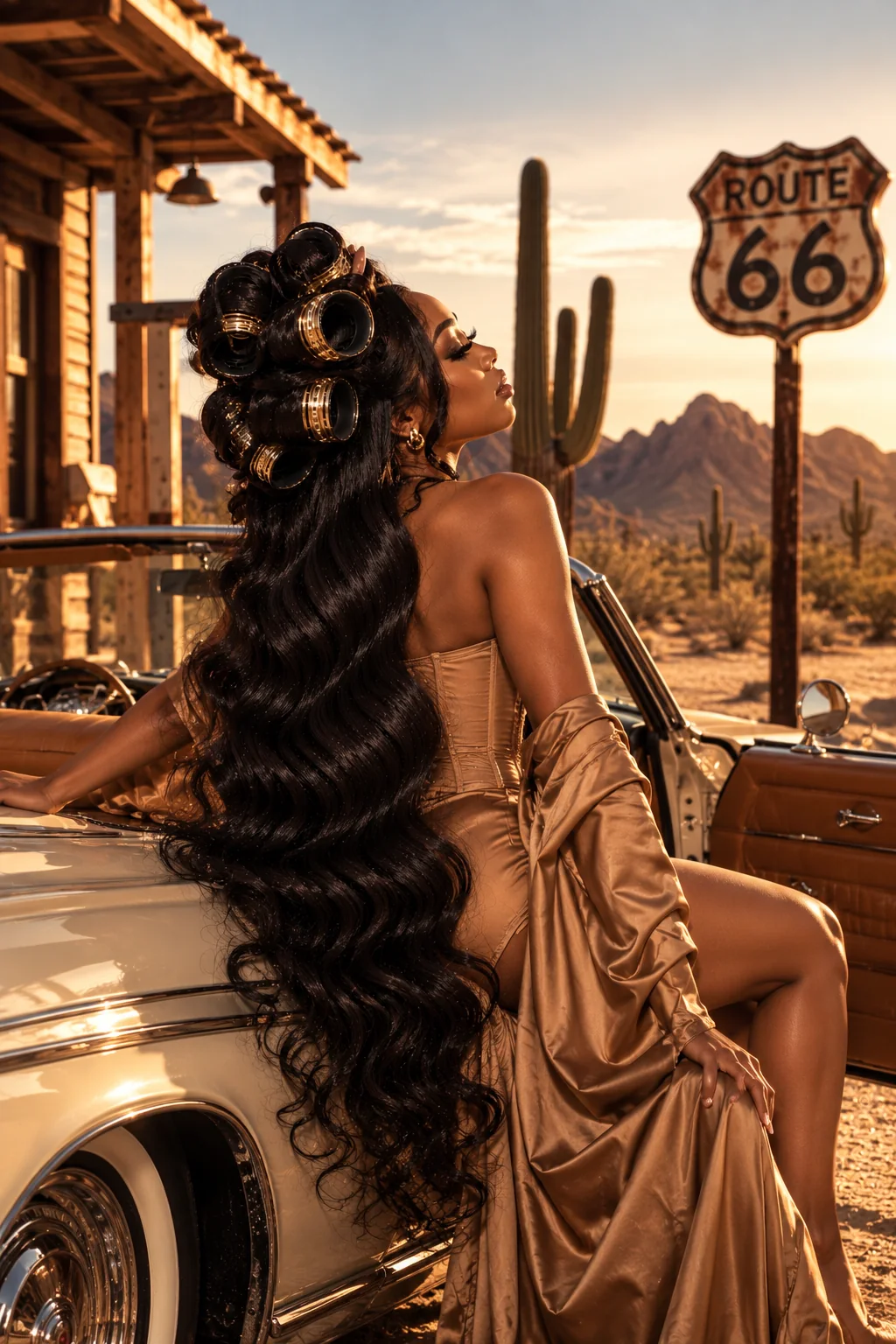Everything Glam Route 66 campaign portrait at sunset